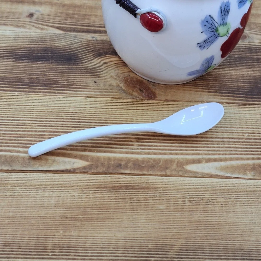 Vintage Floral‎ White sugar jelly or candy jar with wicker handle 3x4